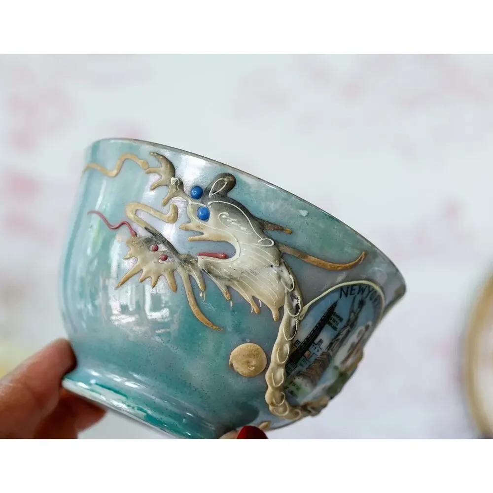 VTG Moriage Dragonware New York City Teacup Set Geisha Lithophane Chinoiserie